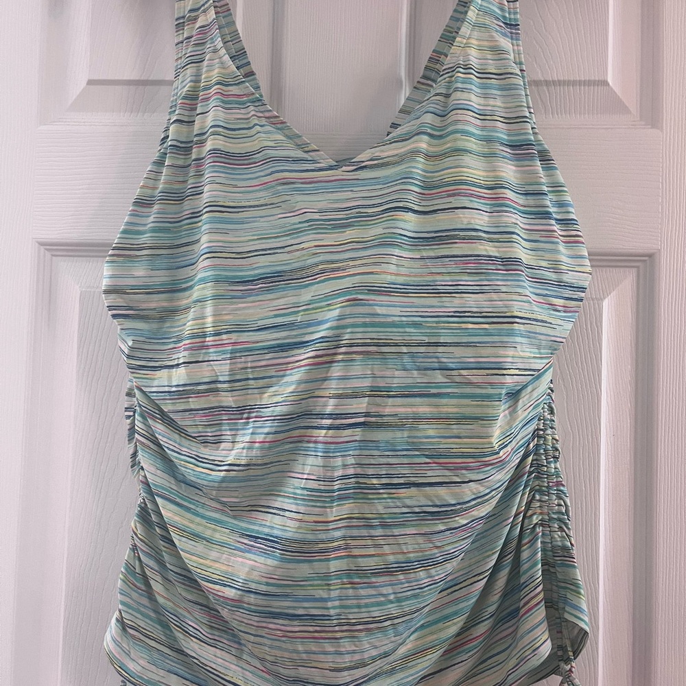 Lands' End Women's Striped V-Neck Tank Top in Aqua and Teal Multi